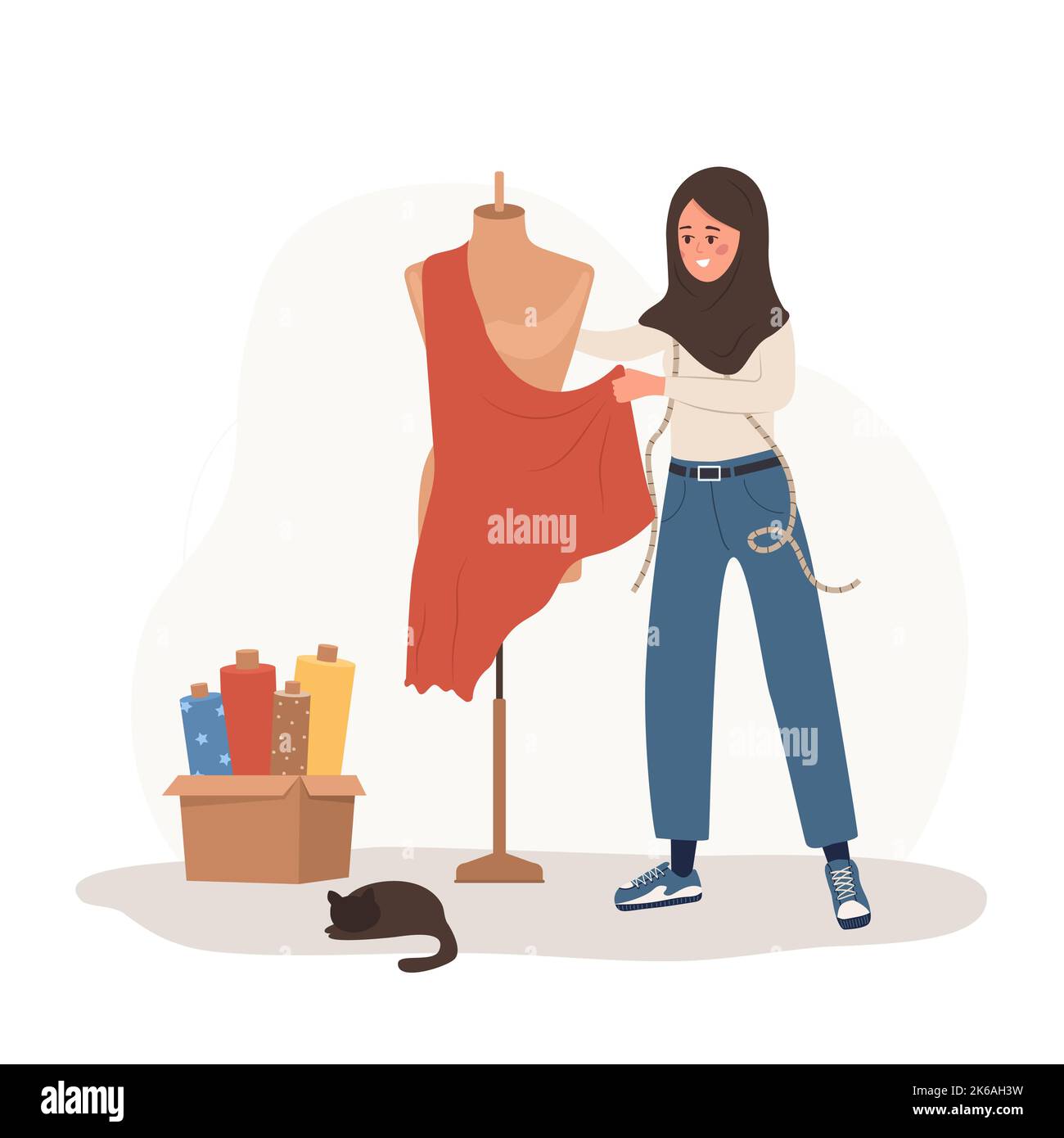 Arabic woman seamstress at mannequin takes measurements. Young female