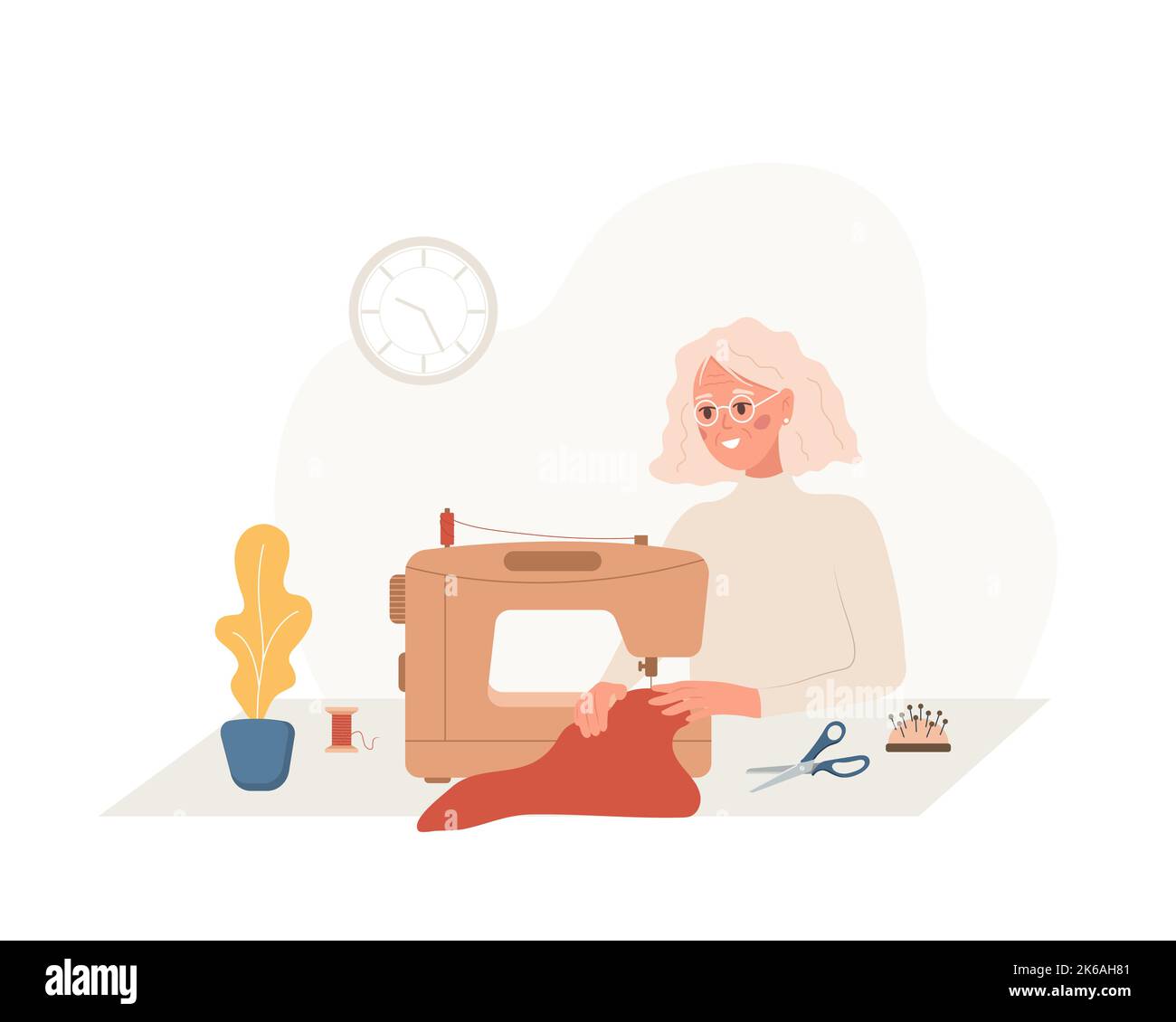 Elderly woman seamstress at sewing machine sews clothes. Female tailor create clothes in studio. Fashion designer or dressmaker. Vector illustration Stock Vector