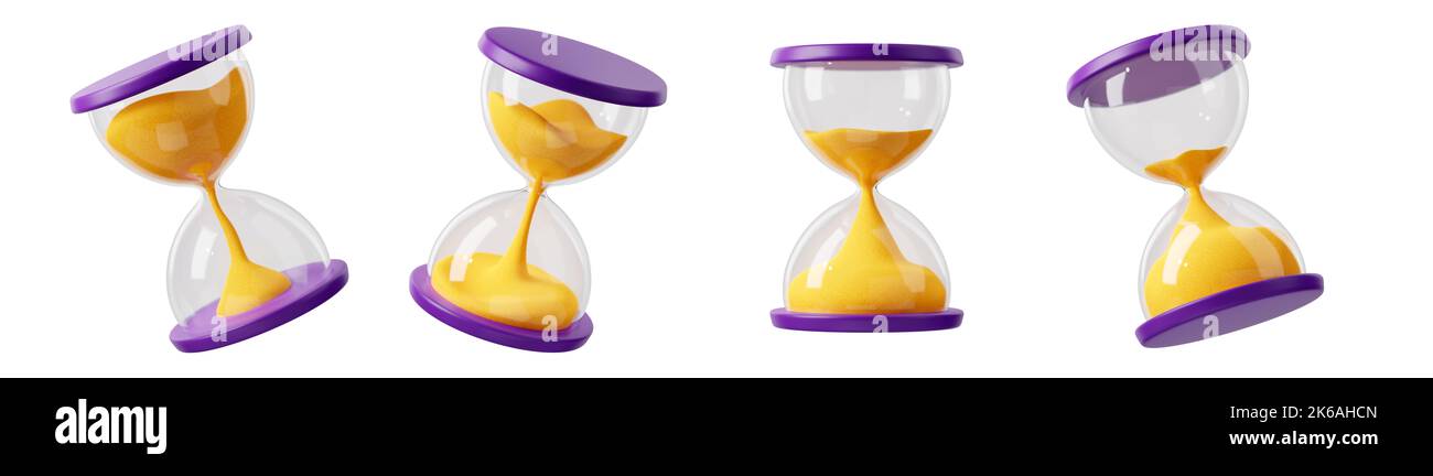 3D render hourglass, sand clock, time icons set. Vintage glossy watch ...