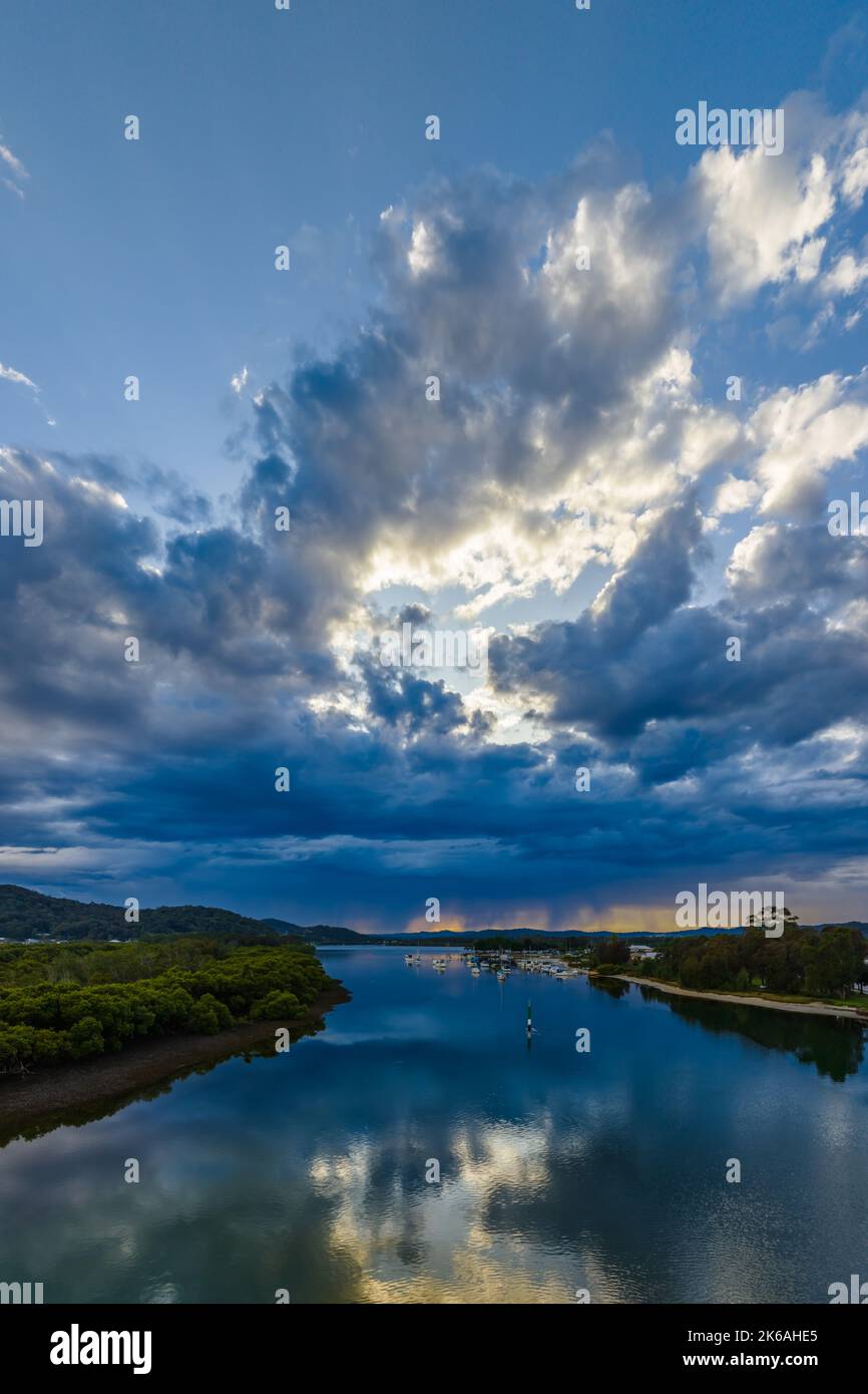 Scenic aerial views as the storm passes over the coastal waters with