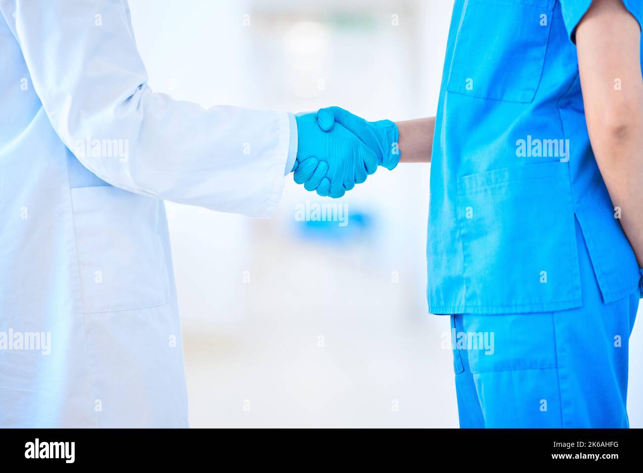 Welcome to the hospital. a two dental coworkers shaking hands. Stock Photo