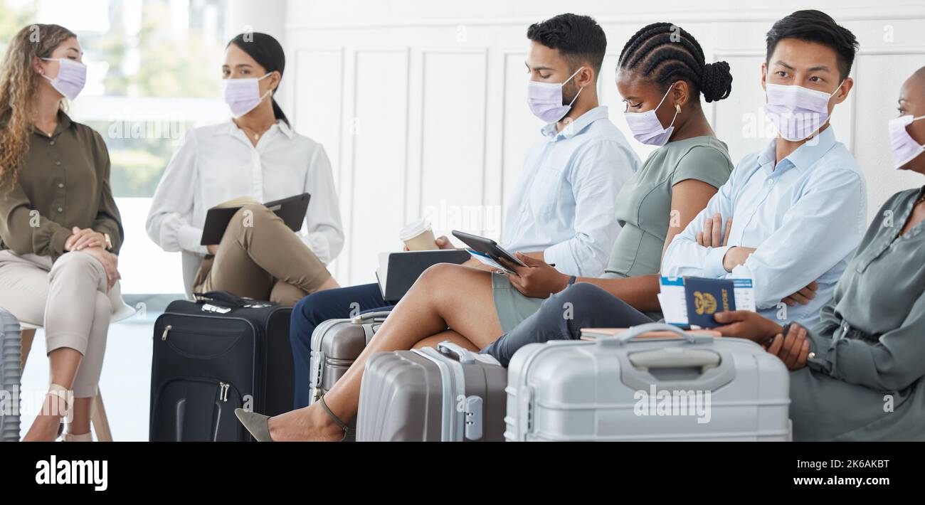 Face mask, covid or business people in airport terminal travel in