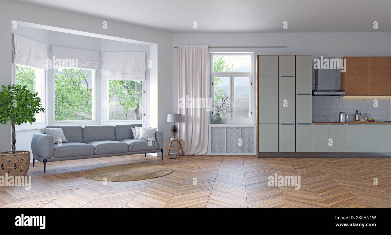 View of Modern Living room interior design, wooden furniture, white kitchen ...