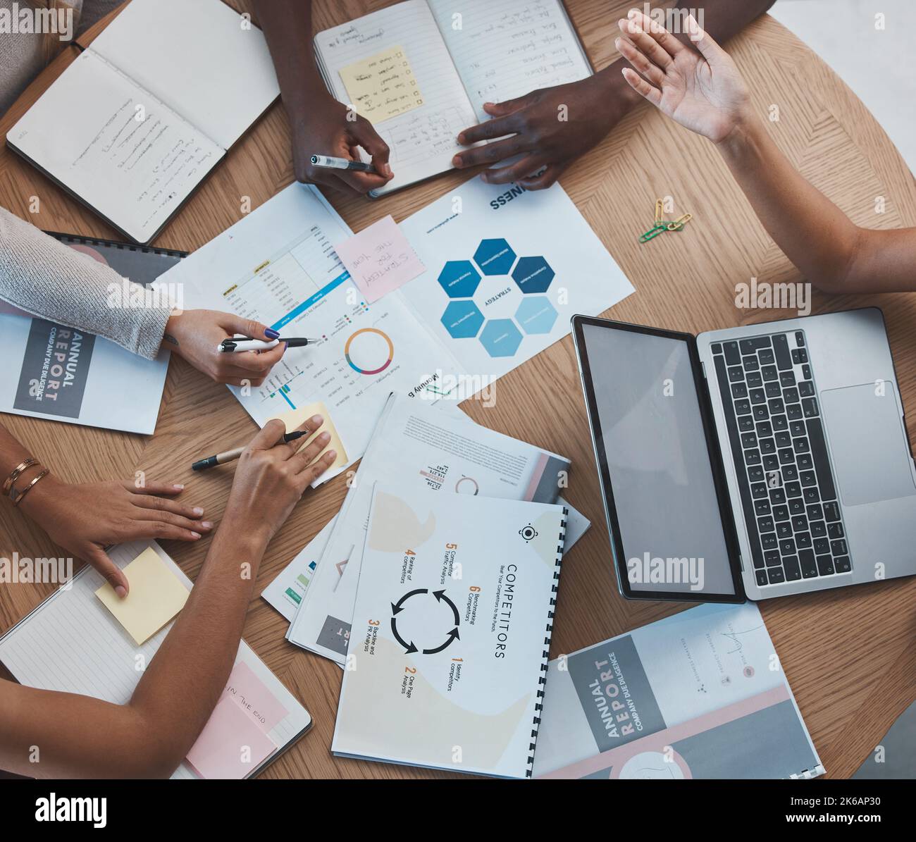 Marketing teamwork people planning strategy, documents of analytics and top view of group working together. Business report in office research, budget Stock Photo