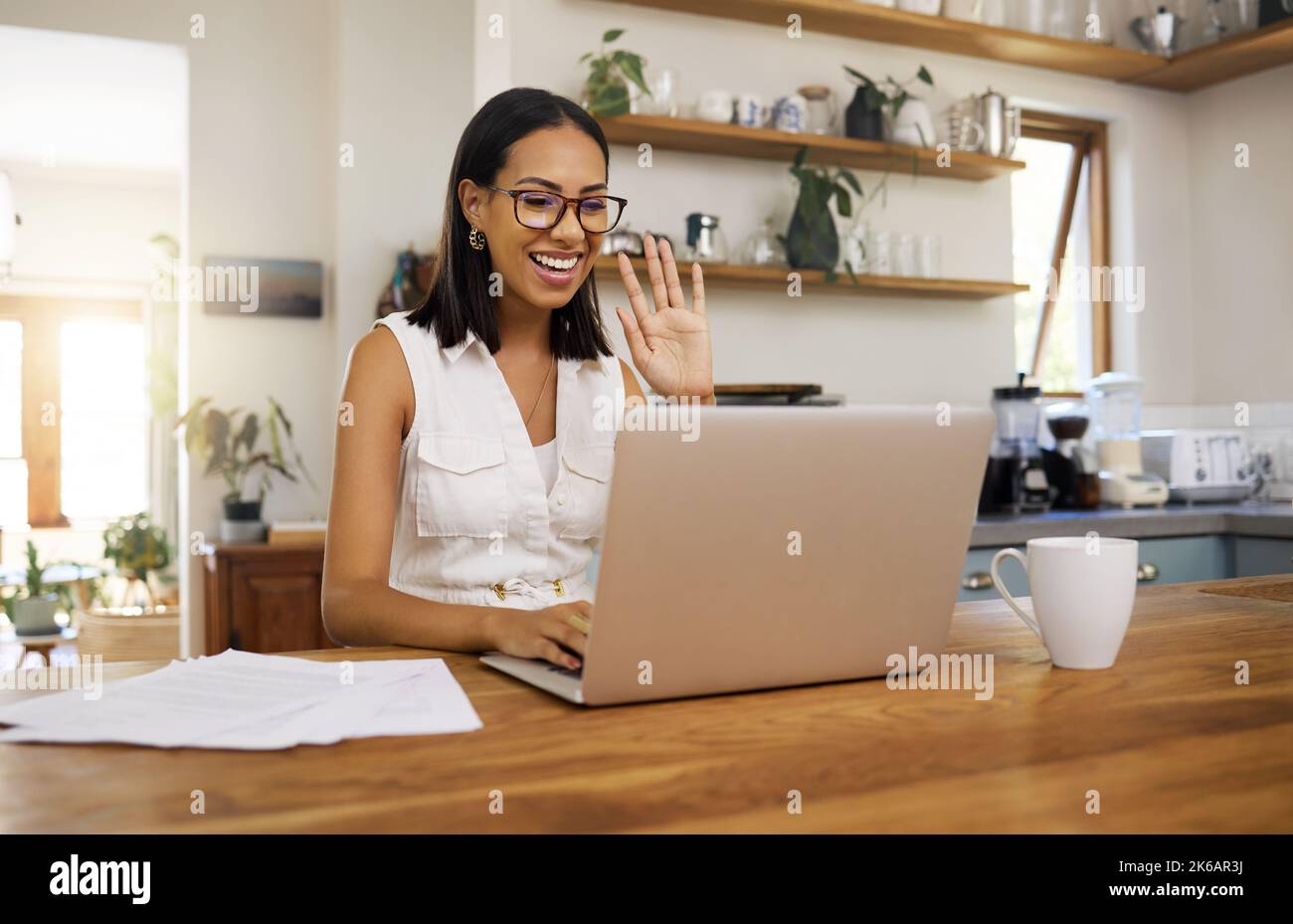 Laptop webinar, woman or video conference training on online zoom call