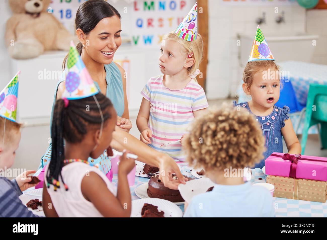Our class love birthdays. a preschool children celebrating a birthday in class. Stock Photo