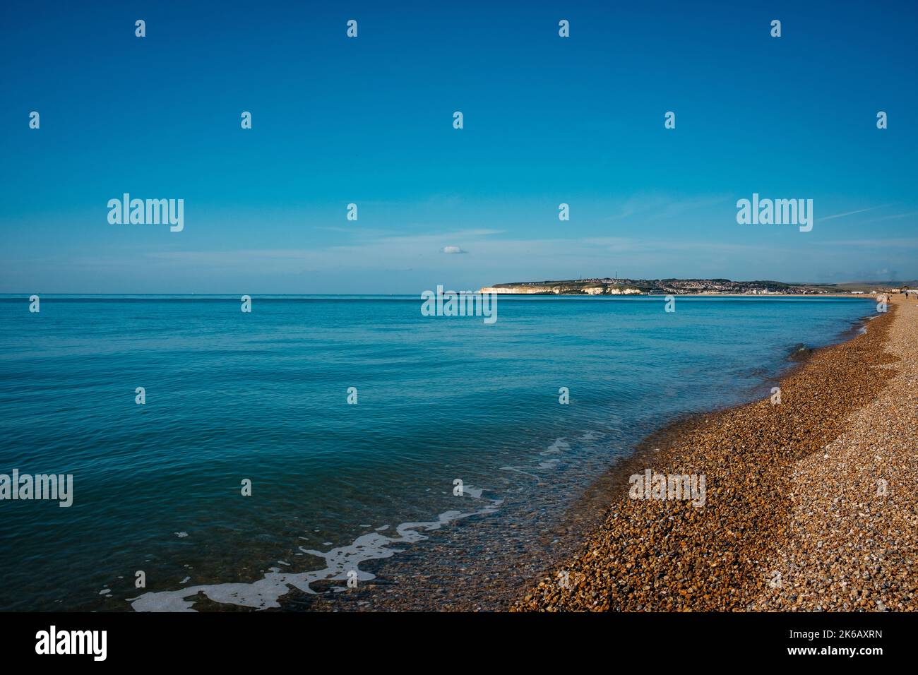View from Seaford beach to Newhave harbour entrance and Newhaven fort. Stock Photo