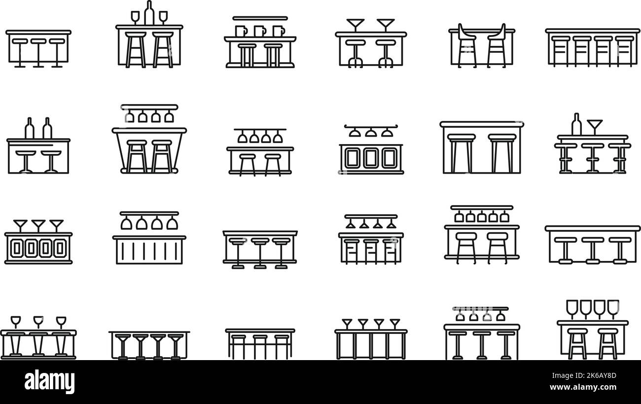 Bar counter icons set outline vector. Glass breakfast. Cafe chair Stock ...