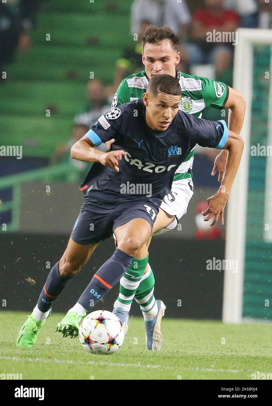 Amine Harit Olympique Marseille and Manuel Ugarte of Sporting Club Portugal during the UEFA Champions League, Group D football match between Sporting CP and Olympique de Marseille on October 12, 2022 at Jose Alvalade stadium in Lisbon, Portugal - Photo: Laurent Lairys/DPPI/LiveMedia Stock Photo