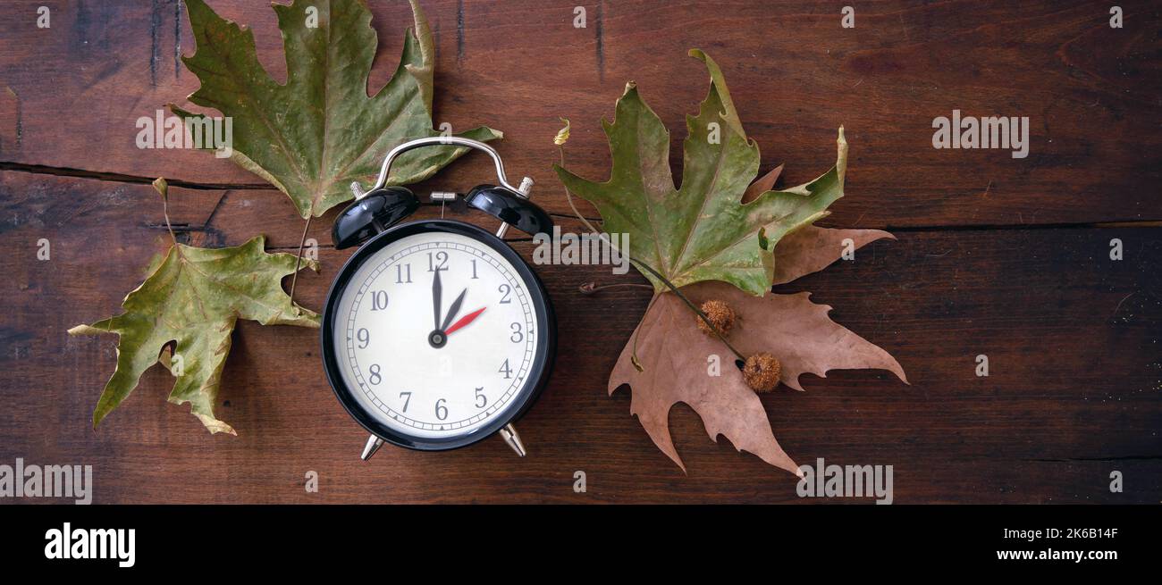 Fall Back, Daylight Saving Time. One hour back on yellow clock and