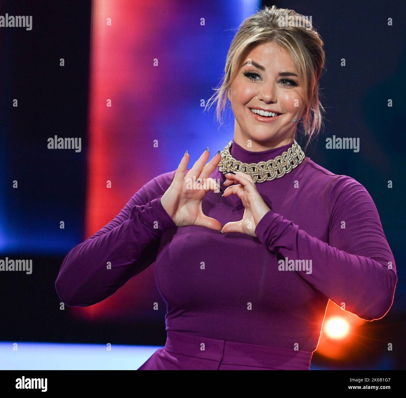 Berlin, Germany. 11th Oct, 2022. Singer and presenter Beatrice Egli is on stage during the recording of the 'Beatrice Egli Show' in Berlin-Adlershof. The show can be seen on November 26, 2022. SWR television, MDR television and Swiss television SRF are involved. Credit: Jens Kalaene/dpa/Alamy Live News Stock Photo