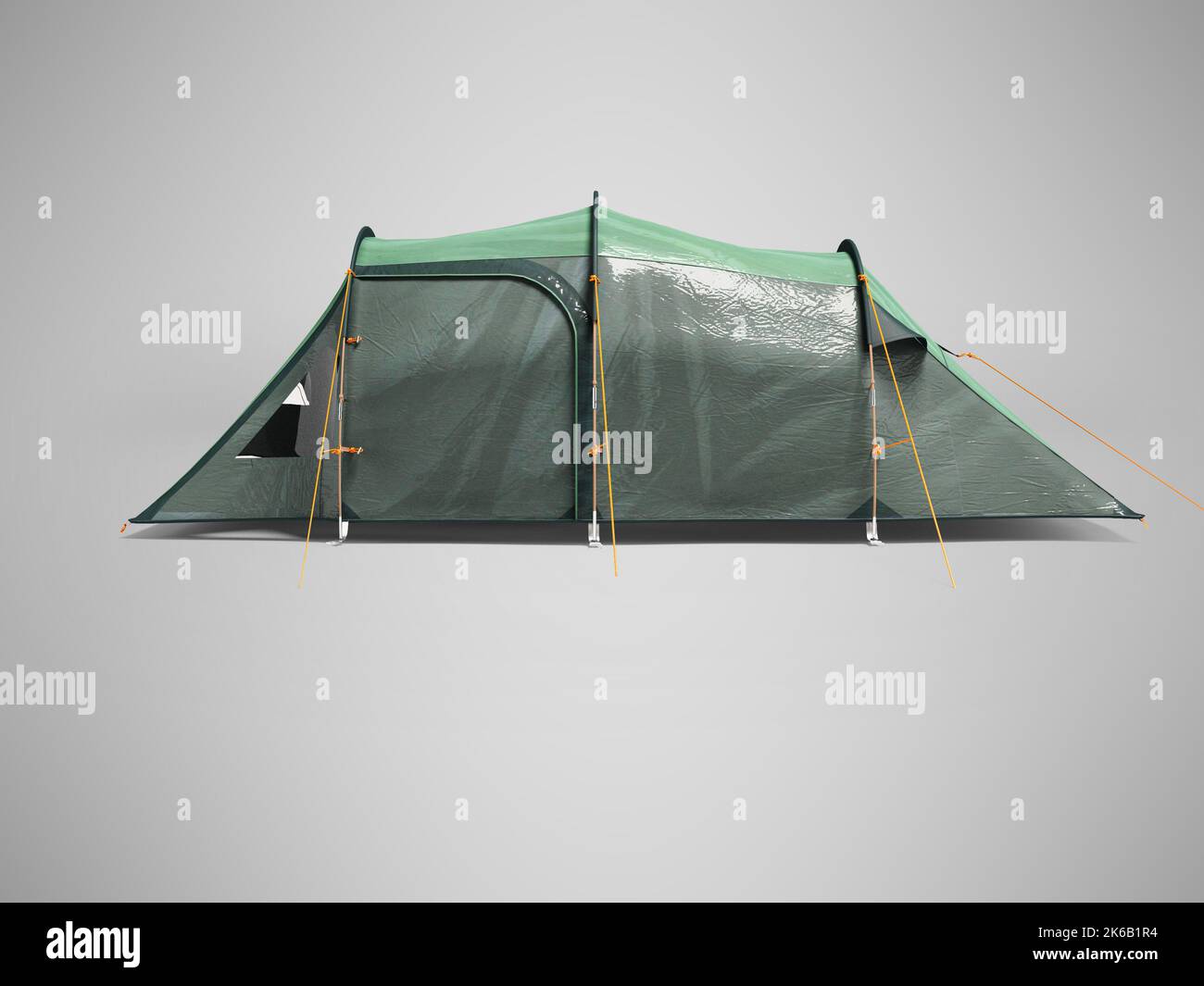 3D illustration of large green tent for family recreation on gray ...