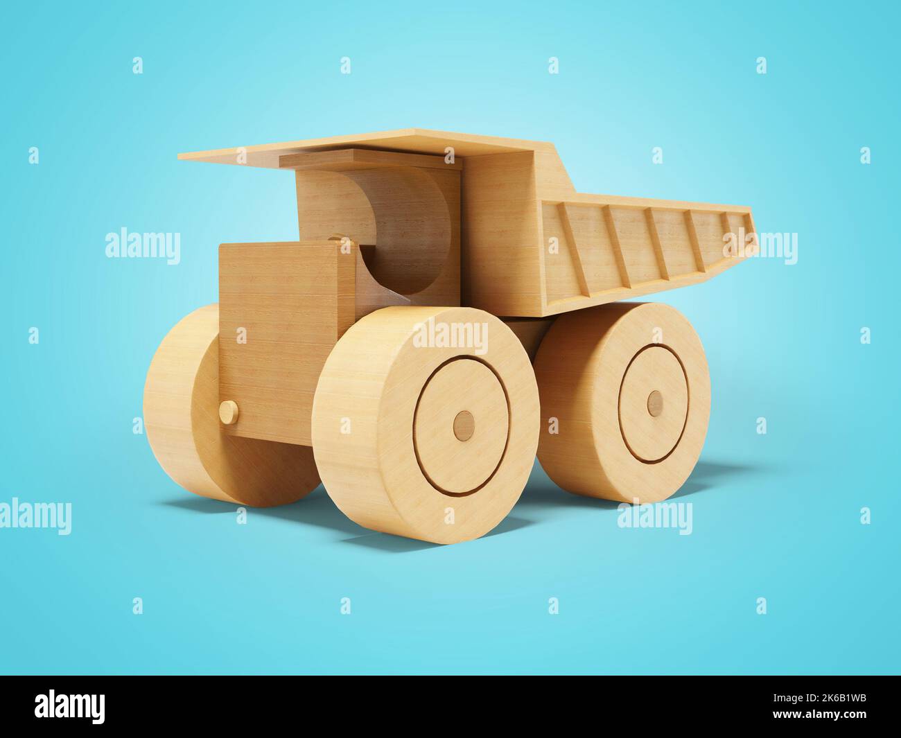 3d illustration toy dump truck perspective view on blue background with