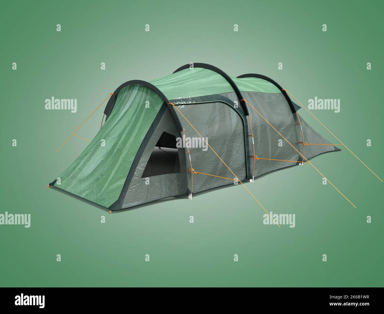 3D illustration of large green tent for recreation on green background ...