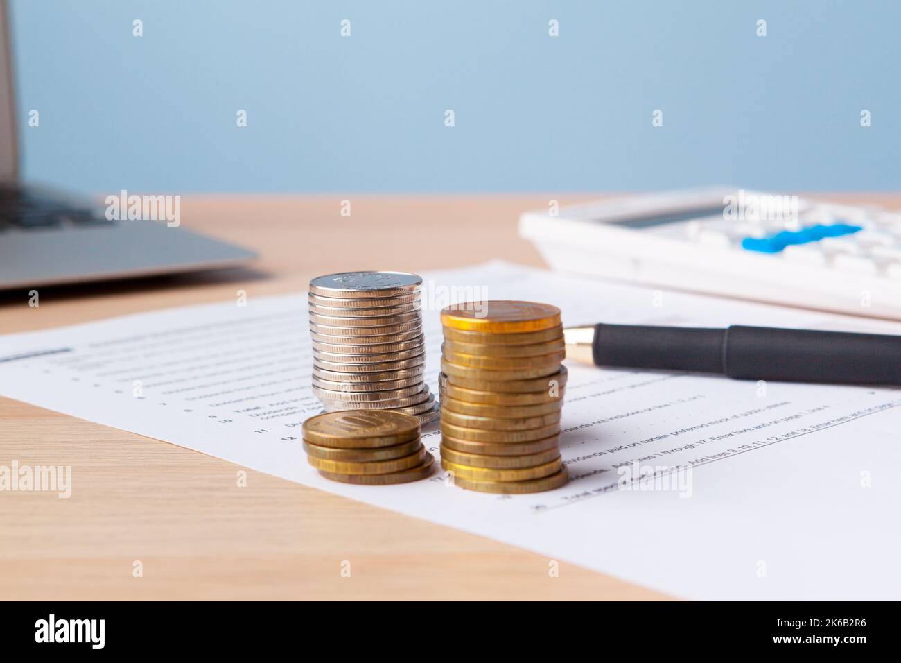 Saving stack coins money concept. Graph, chart document close up Stock ...