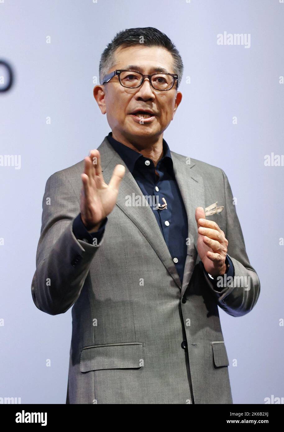 Yasuhide Mizuno chairman and CEO of Sony Honda Mobility Inc. speaks at a joint news conference with Izumi Kawanishi president and COO in Tokyo on Oct. 13 2022. They said the joint