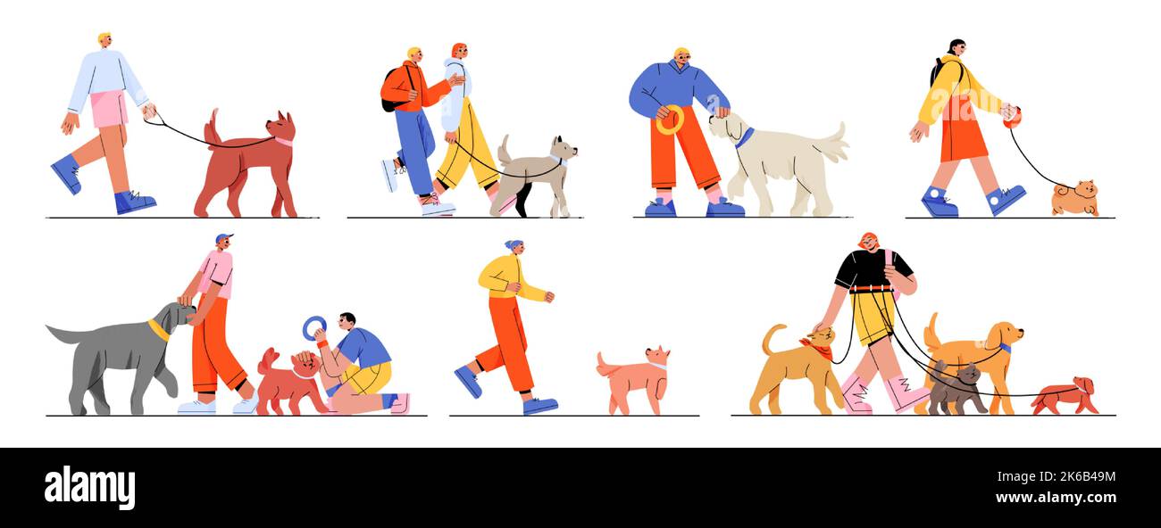 People walk with dogs, male and female owners characters walking, playing and spending time with pets isolated set. Leisure, communication, love, care Stock Vector