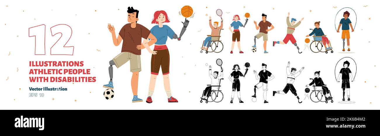 Set of athletic people with disabilities. Paralympic disabled athletes ...