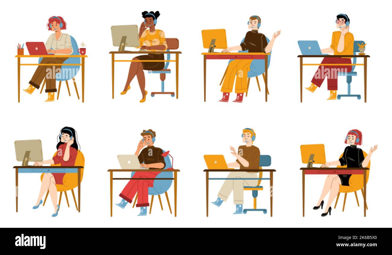 Operators in headset working in call center, customer support service