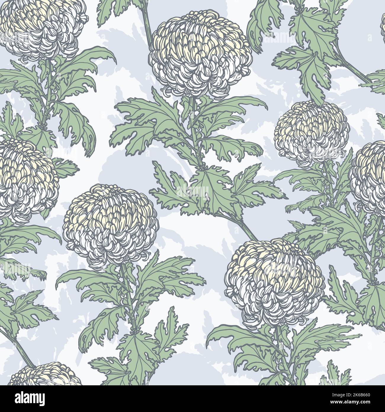 Floral seamless pattern with chrysanthemums. Hand drawn with pen and ink design. Vector tile pattern on light gray background. Stock Vector