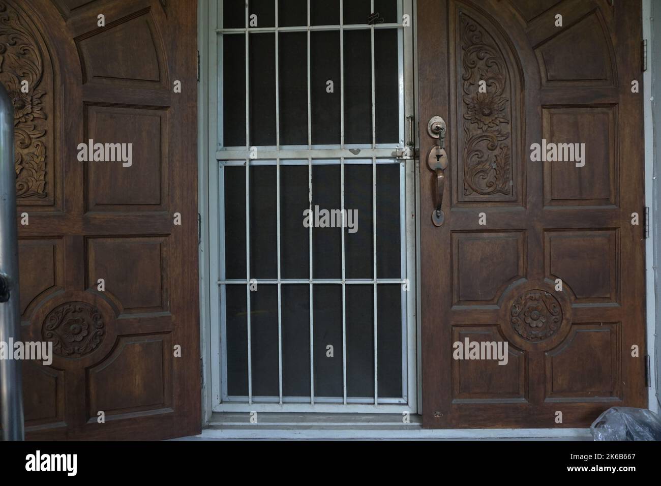 Wooden door in front of our house Stock Photo Alamy