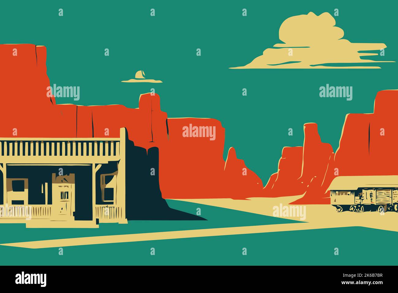 A digital drawing of a western saloon in a desert Stock Vector Image