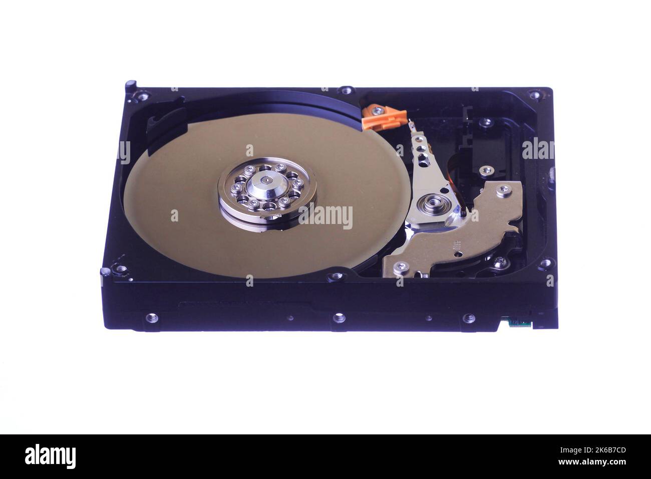 Internal view of computer hard disk isolated on white background Stock Photo