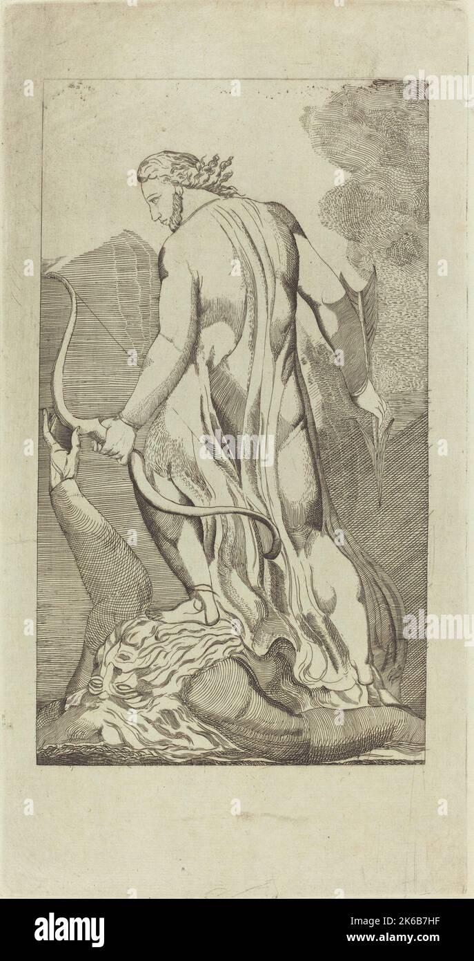 WilThomas Butts, Jr. after William Blake - Christ Trampling Satan - engraving in black on blue laid paper Stock Photo