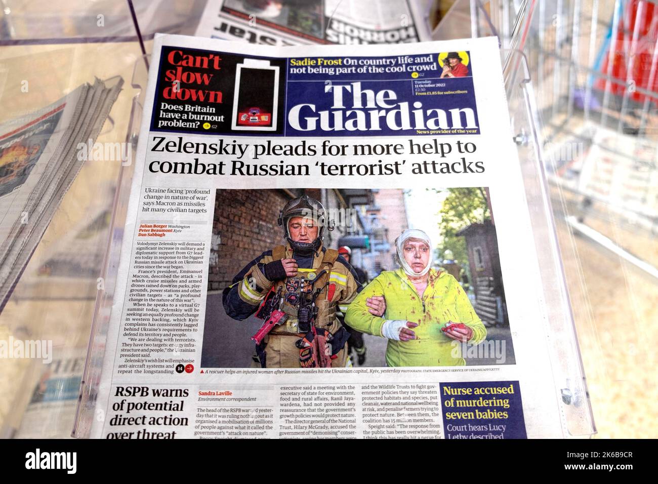 'Zelenskiy pleads for more help to combat Russian 'terrorist' attacks' Guardian newspaper headline front page Ukraine war attacks 11 October 2022 Stock Photo