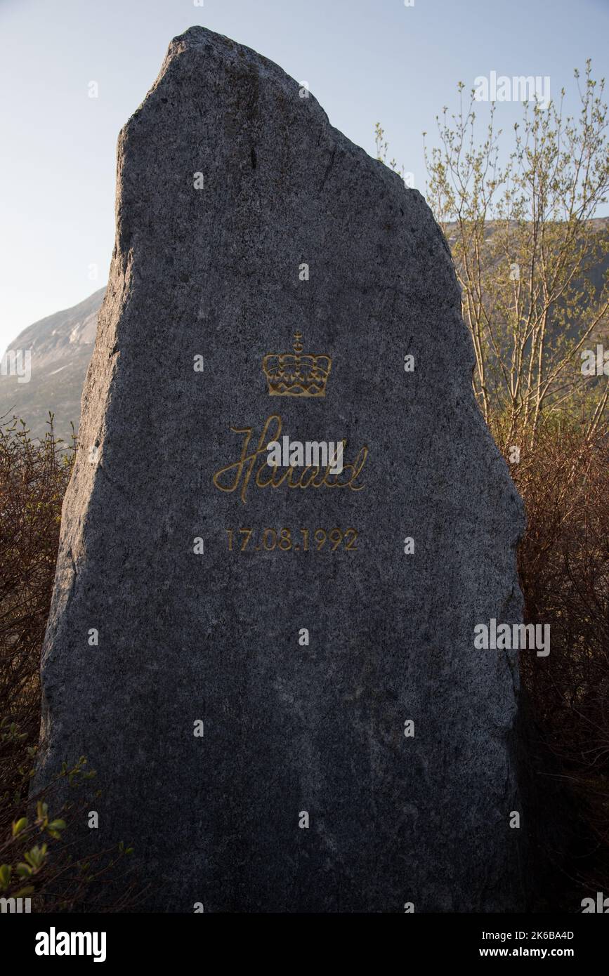 Memory to a visit of King Harald at Stetinden which is a 1392 meter high granite summit with obelisk-shape in Narvik municipality in Norway. Stock Photo