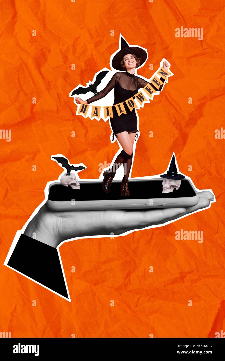 Vertical creative collage of hand hold telephone mini conjurer girl