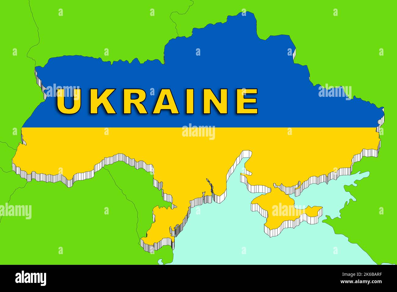 ukraine: map with borders in 3d three-dimensional form and with the colors of the yellow and blue flag. It borders the european union and Russia Stock Photo