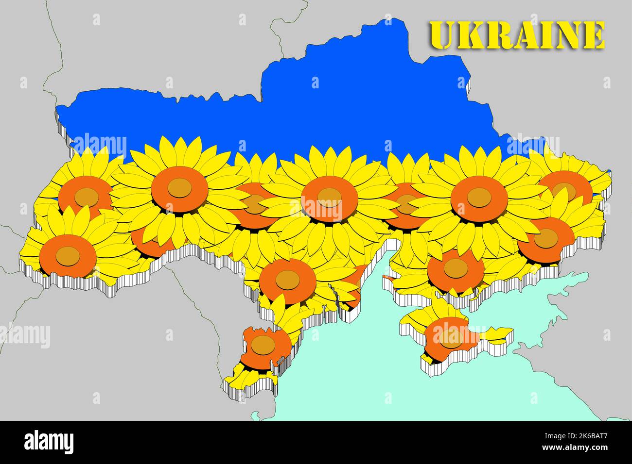 ukraine, three-dimensional map with the drawing of a field of sunflowers and a blue background to remember the colors of the ukrainian flag. Stock Photo