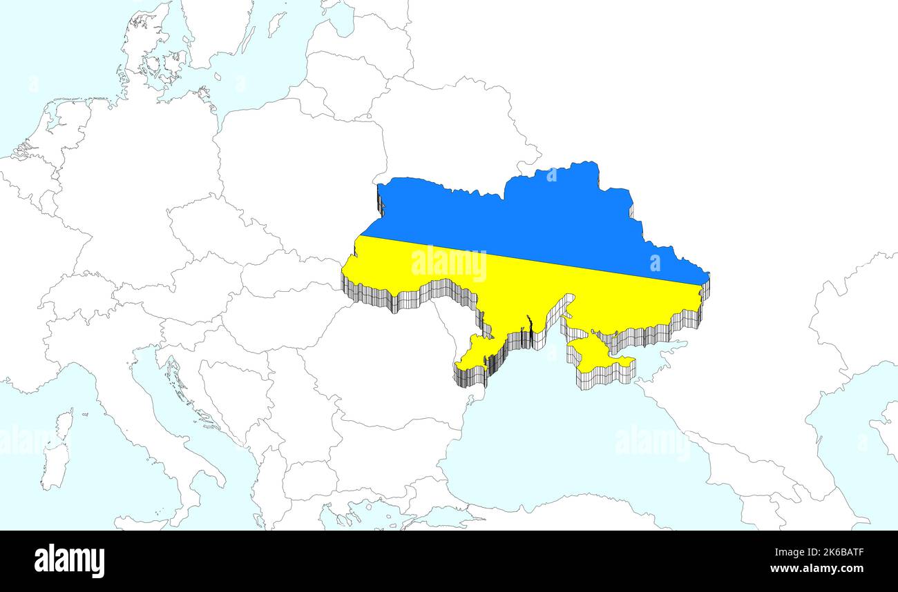 ukraine, map with borders in 3d three-dimensional form and with the colors of the yellow and blue flag. It borders the european union and Russia. Stock Photo