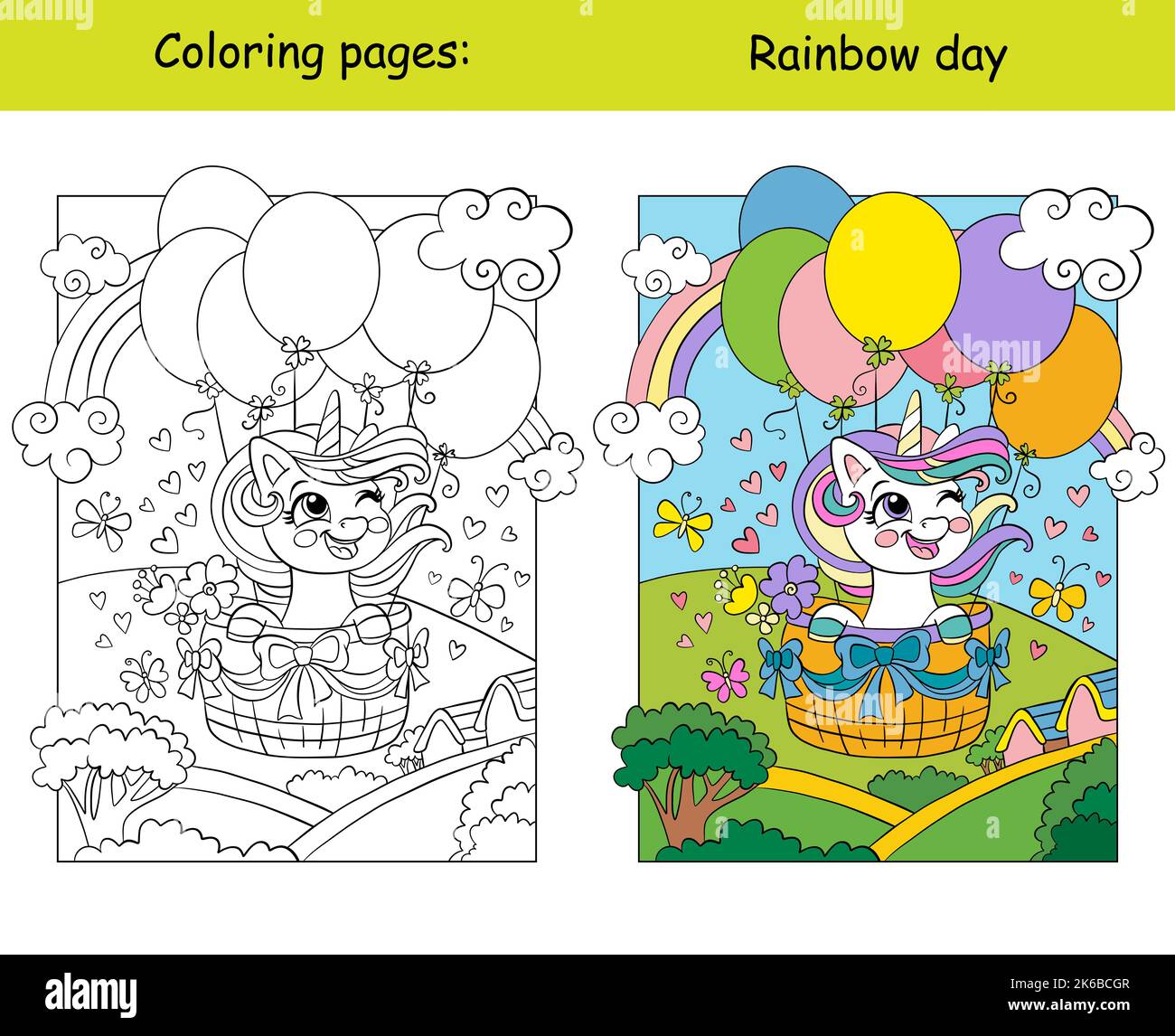 Cute unicorn flying on air balloons. Kids coloring book page with color ...