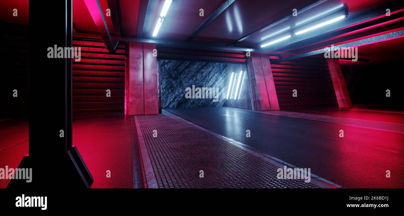 Underground Neon Cyber Sci Fi Futuristic Rock Wall Cement Concrete Basement Nuclear Bunker Parking Showroom Grunge Car Metal Door Corridor 3D Renderin Stock Photo