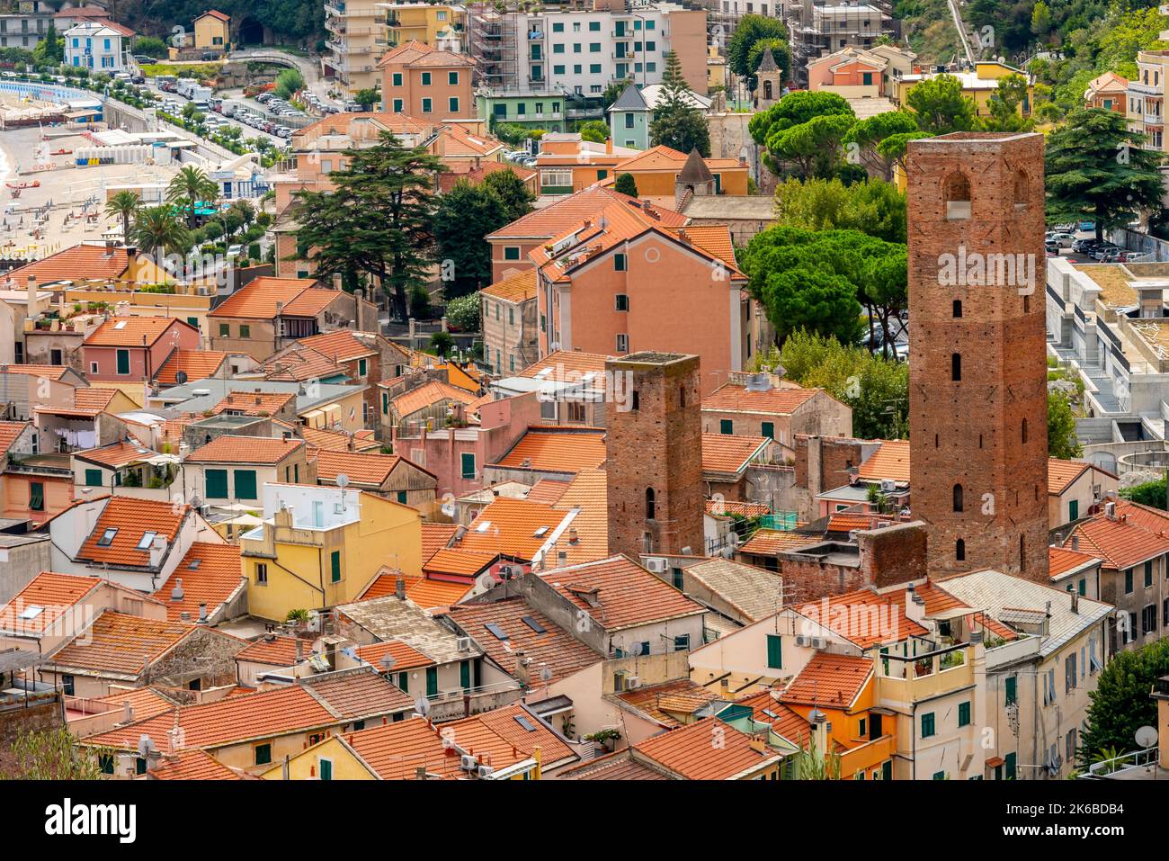 Elevated panoramic view of old town Noli, Liguria, Italy. Stock Photo