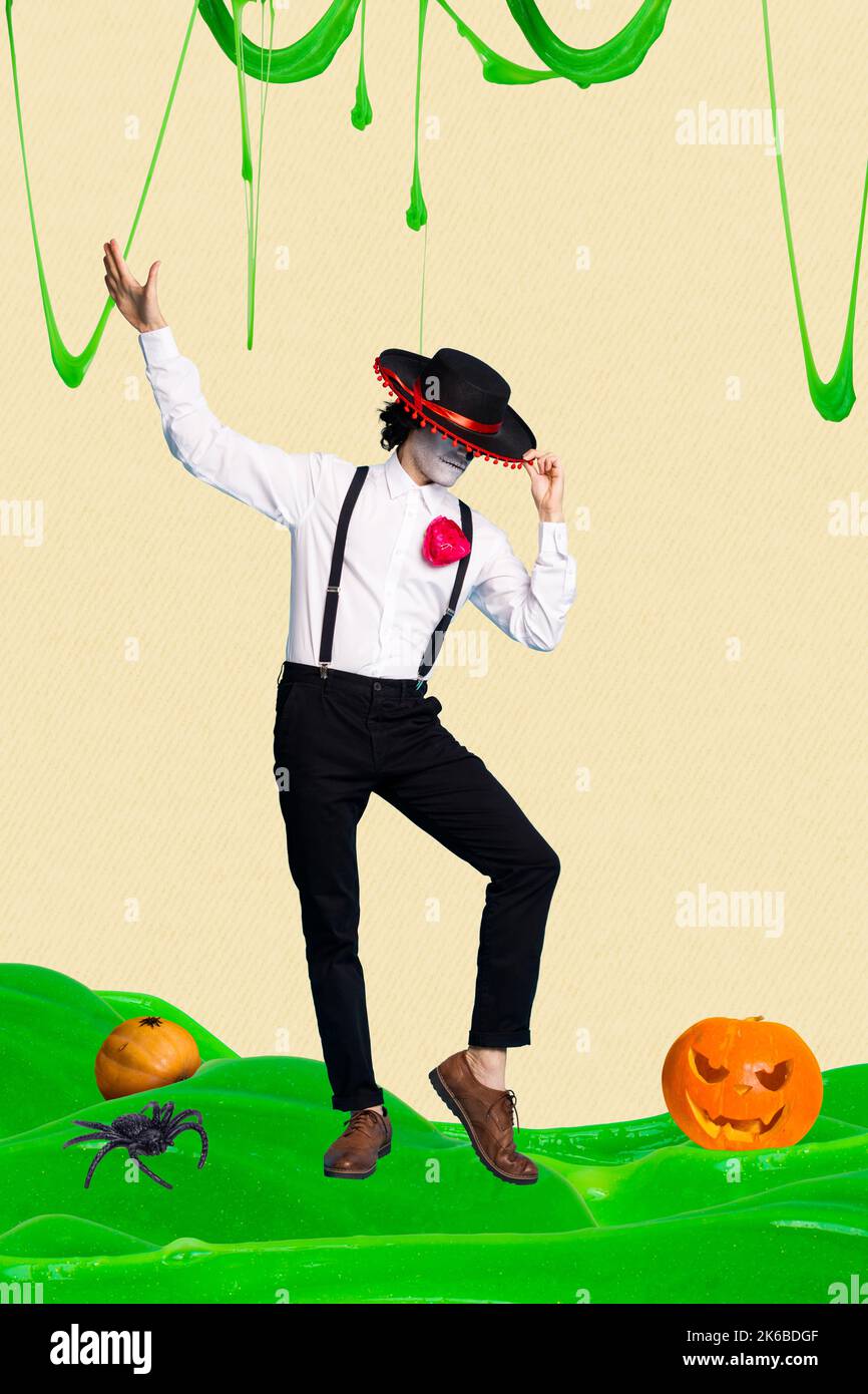 Vertical collage of mexican guy dancing hand touch hat green slime