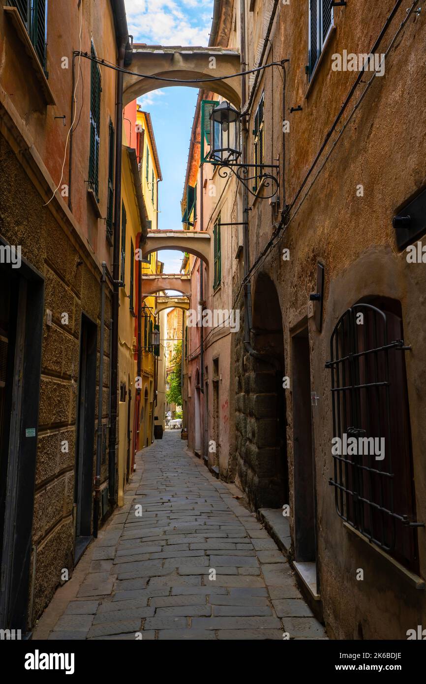 The picturesque narrow streets of Noli. Noli old town. Liguria, Italy. Stock Photo