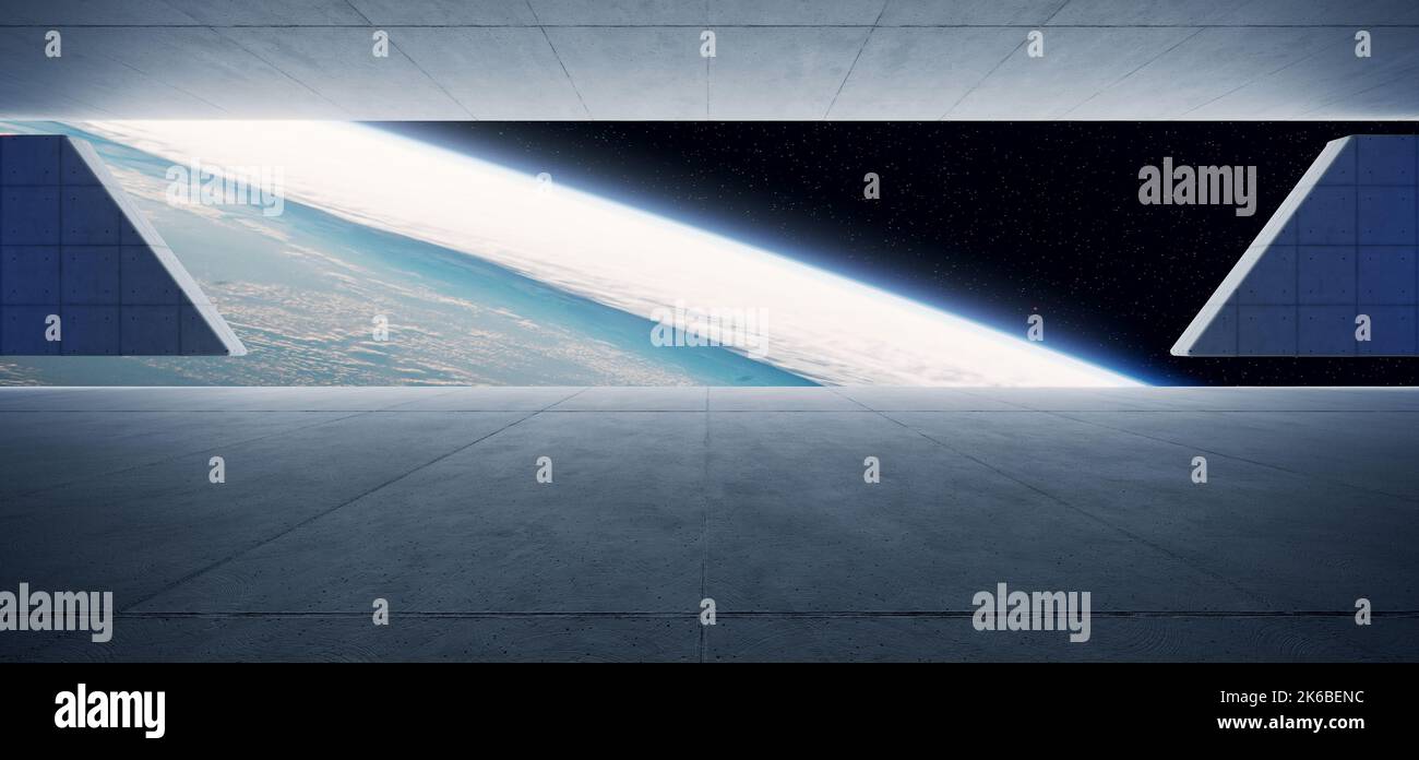 Futuristic Sci Fi Spaceship Station Colonization Space Bunker Concrete Cement Construction Panoramic Earth Stars View Realistic Showroom 3D Rendering Stock Photo
