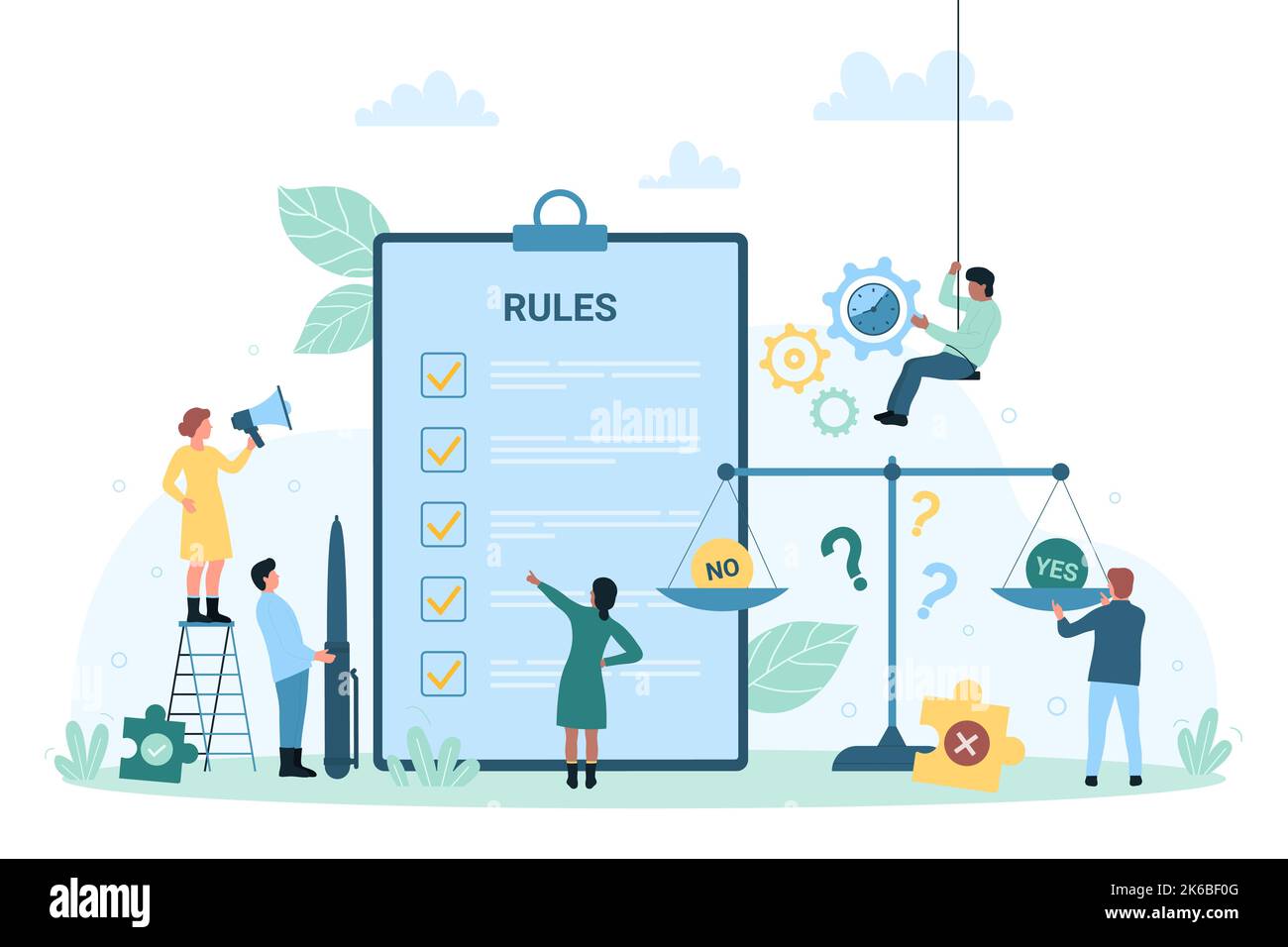 Regulation and compliance rules vector illustration. Cartoon tiny people reading and understanding law information document in paper checklist on clipboard, regulatory agreement and principle of work Stock Vector