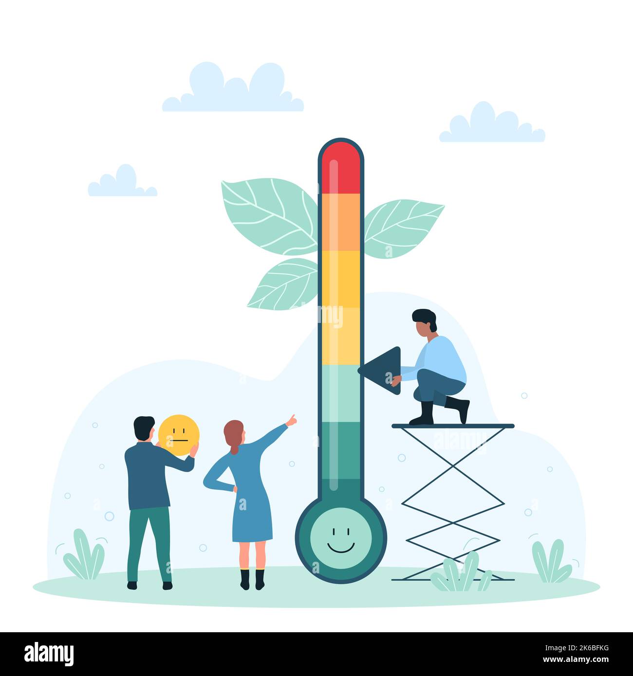 Stress level measurement on thermometer, psychology vector illustration. Cartoon tiny people rating positive and negative expressions, man holding pointer to measure stress on meter with scales Stock Vector