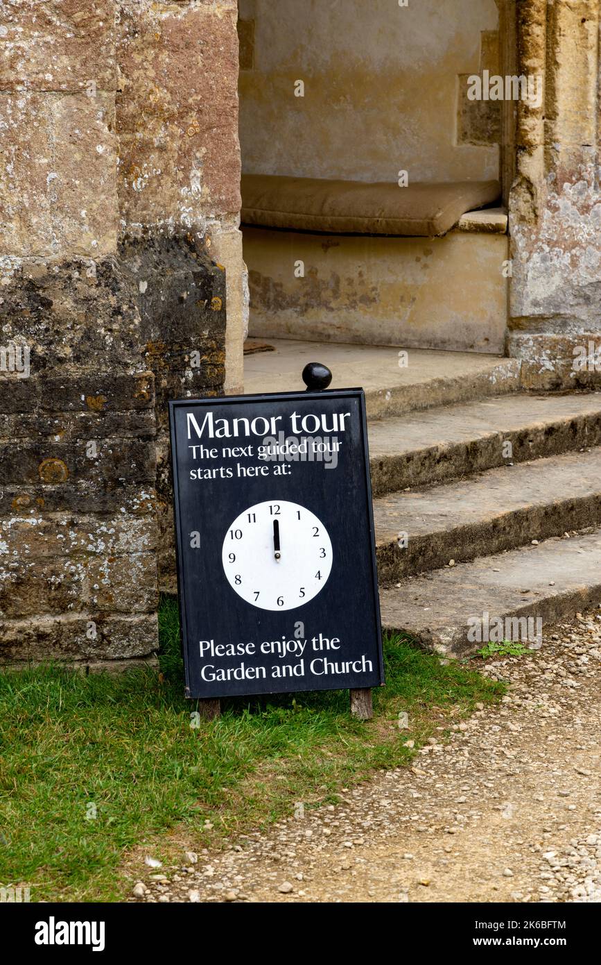 Manor Tour sign at Great Chalfield Manor House in Great Chalfield, Wiltshire, England, United Kingdom. Stock Photo