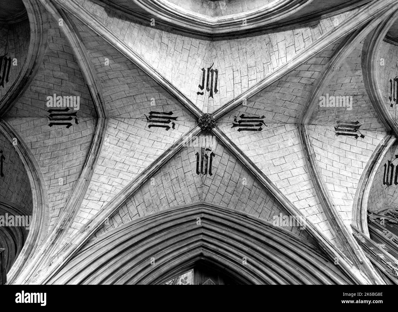 Low angle view of St Alban's Cathedral ceiling, St.Albans, Hertfordshire, England, United Kingdom. Stock Photo