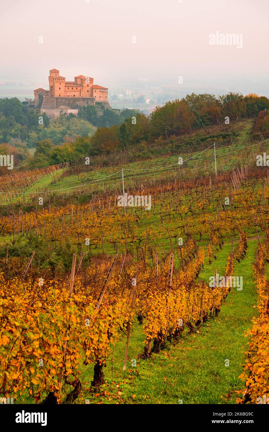 Parma, Italy,13.10.2022: famous Torrechiara Castle with vineyards in autumn colors Stock Photo