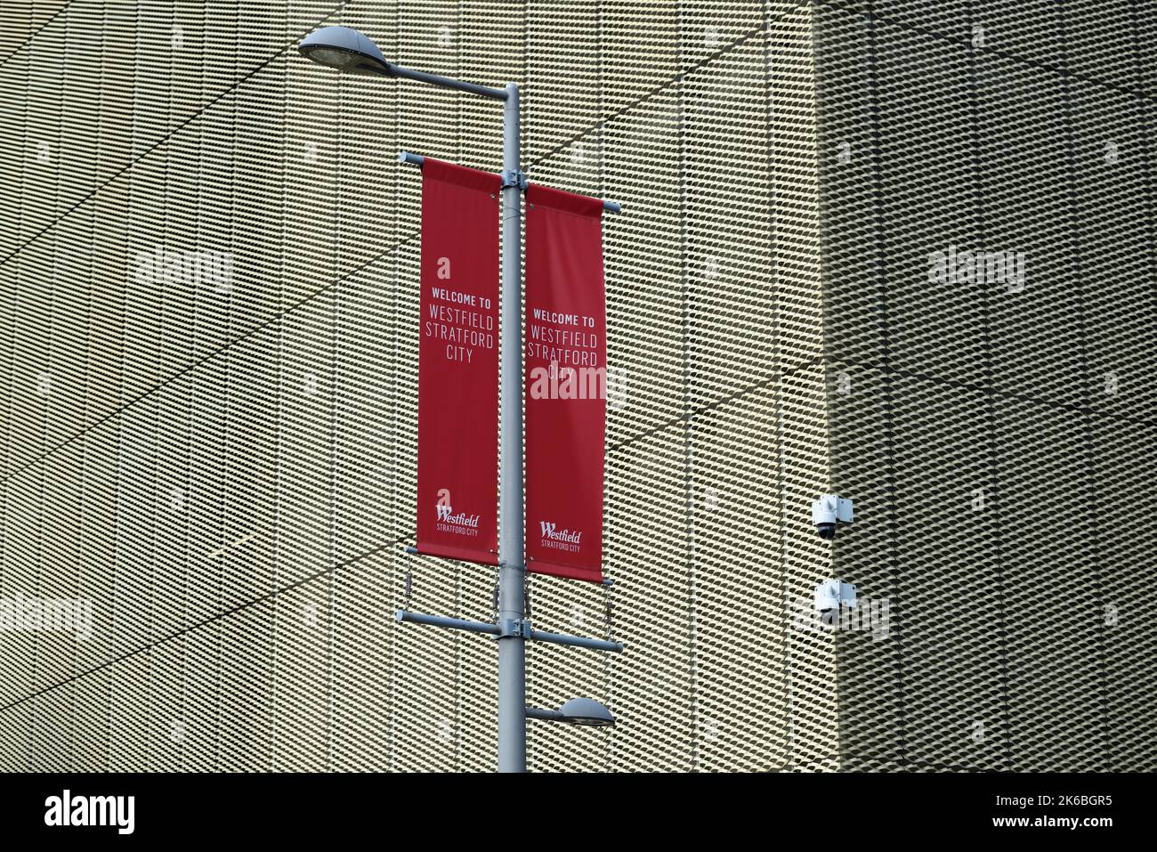 Westfield Stratford City vertical pole banner, East London, United Kingdom Stock Photo