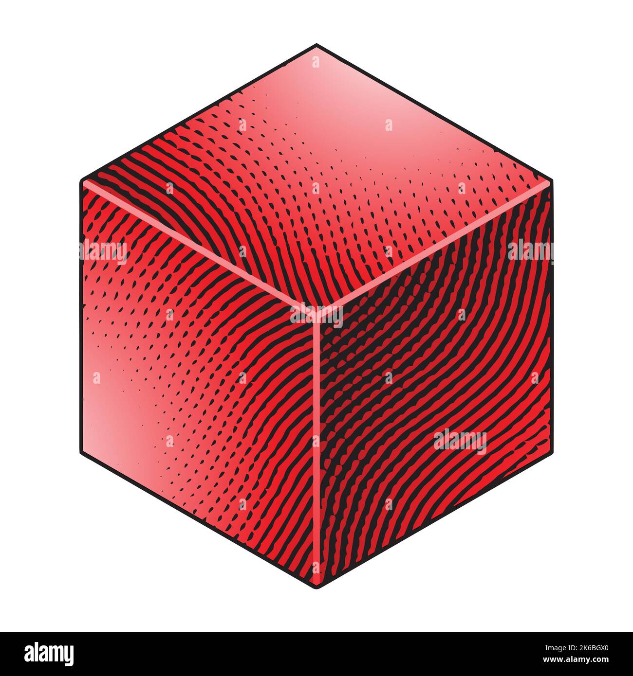 Illustration of Scratchboard Engraved Cube with Red Fill isolated on a