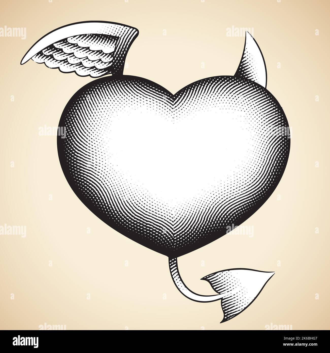 Illustration of Scratchboard Engraved Good and Evil Heart with White