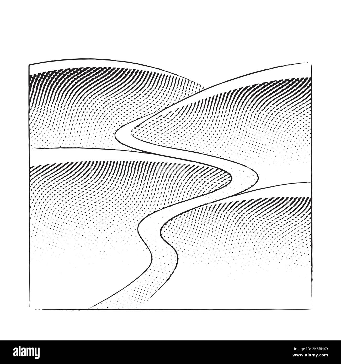 Illustration of Scratchboard Engraved Illustration of Hills and River