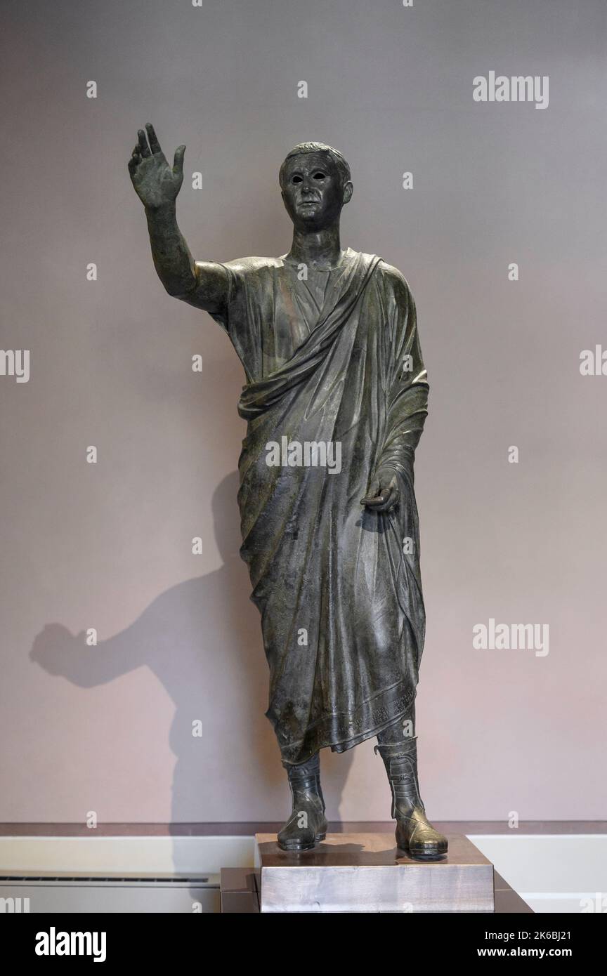 Florence. Italy. Bronze statue of the Arringatore "The Orator", from Sanguineto (Perugia), end of 2nd - early 1st century BCE. The statue depicts the Stock Photo